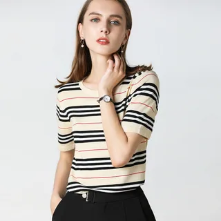 T-shirt Korean Striped Loose Bottoming Sweater - Beige
