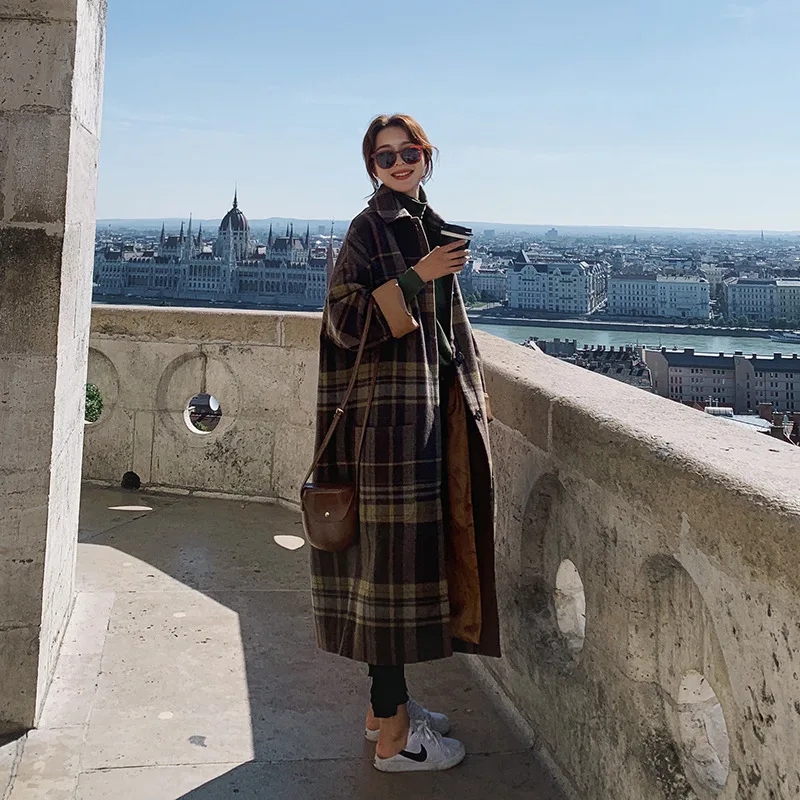 Women's Autumn And Winter Loose Thick Plaid Woolen Coat Coffee - Shop at LoveMi