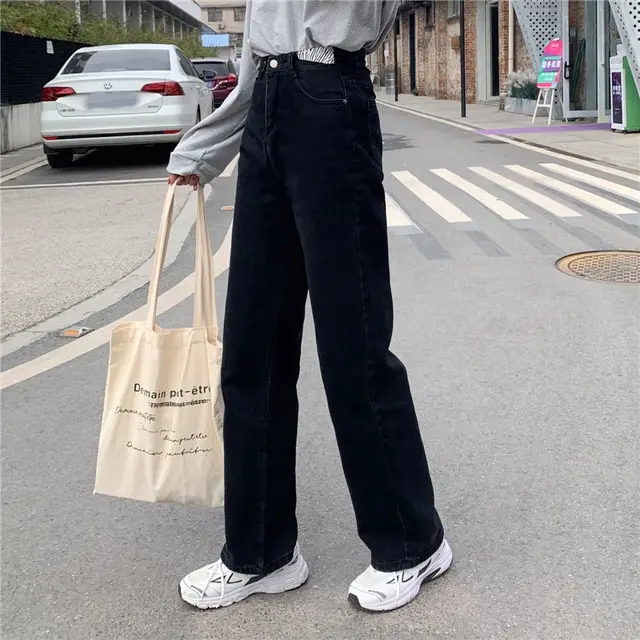 Women's Fall Retro High Waist Wide Leg Loose Jeans Black - Shop at LoveMi