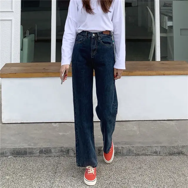 Women's Fall Retro High Waist Wide Leg Loose Jeans Dark Blue - Shop at LoveMi