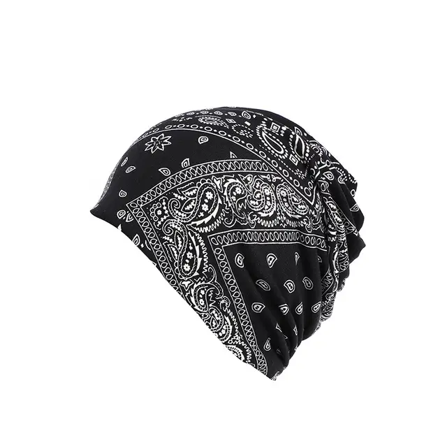 Soft Thin Cotton Men And Women Printed Cashew Flower Pattern Fashion Pullover Hat Black Square - Shop at LoveMi