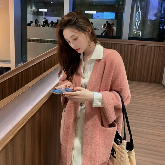 Loose Retro Women's Autumn And Winter Mink Sweater Coat Pink - Shop at LoveMi
