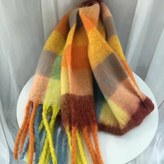 Women's Autumn Colorful Striped Warm Cashmere Plaid Scarf Orange Yellow - Shop at LoveMi