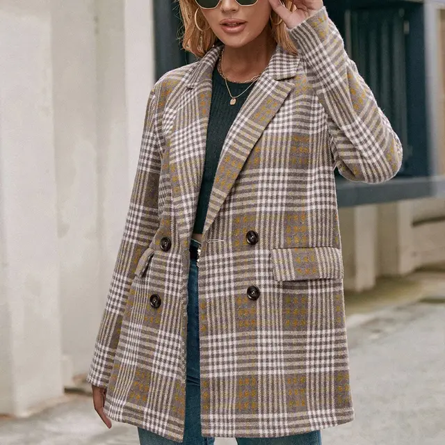 Double breasted Checkered Casual Blazer Khaki - Shop at LoveMi