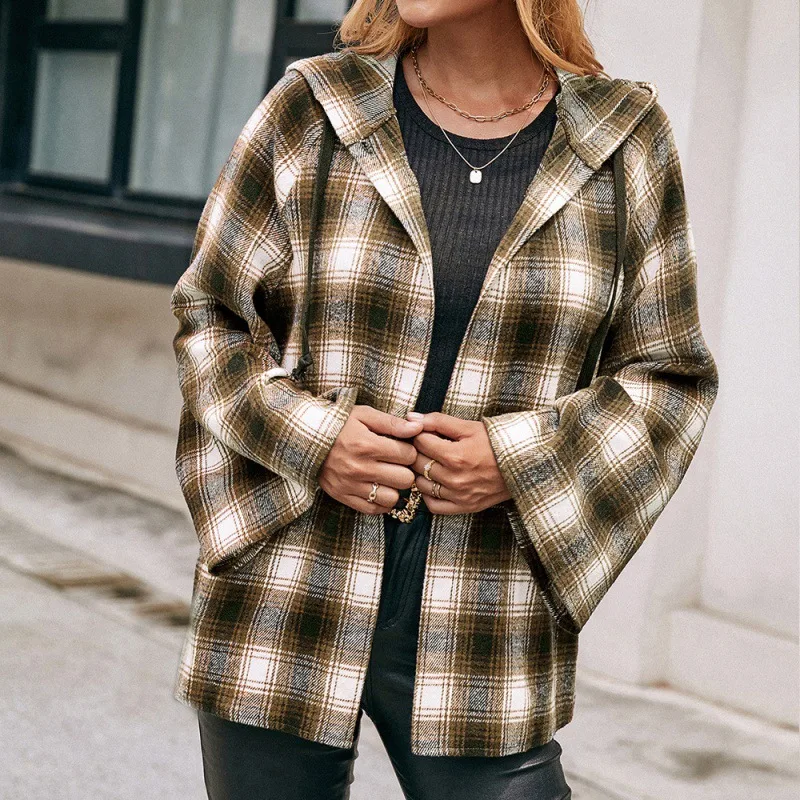 Casual Hooded Cardigan Check Shirt Loose Khaki - Shop at LoveMi