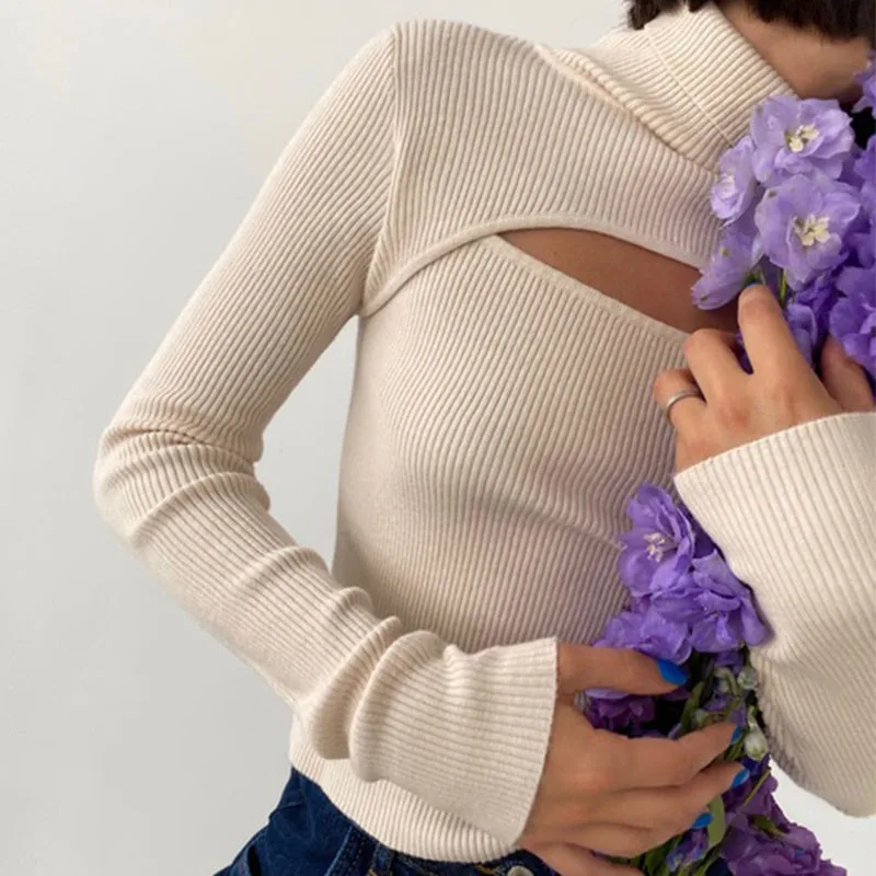 Women's Sexy Leaky Chest High Neck Long Sleeve Threaded Top Beige - Shop at LoveMi