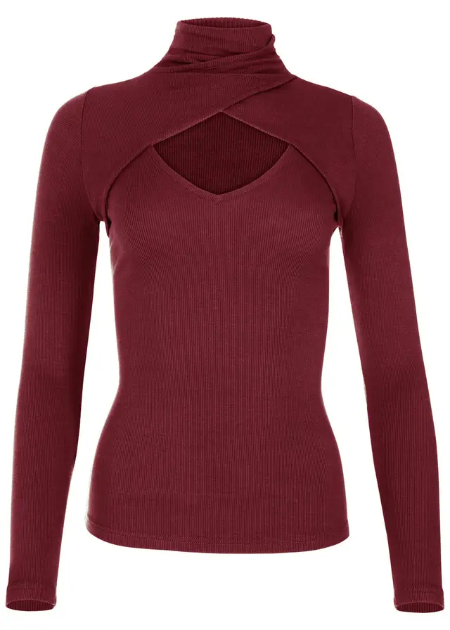 Women's Sexy Leaky Chest High Neck Long Sleeve Threaded Top Wine Red - Shop at LoveMi