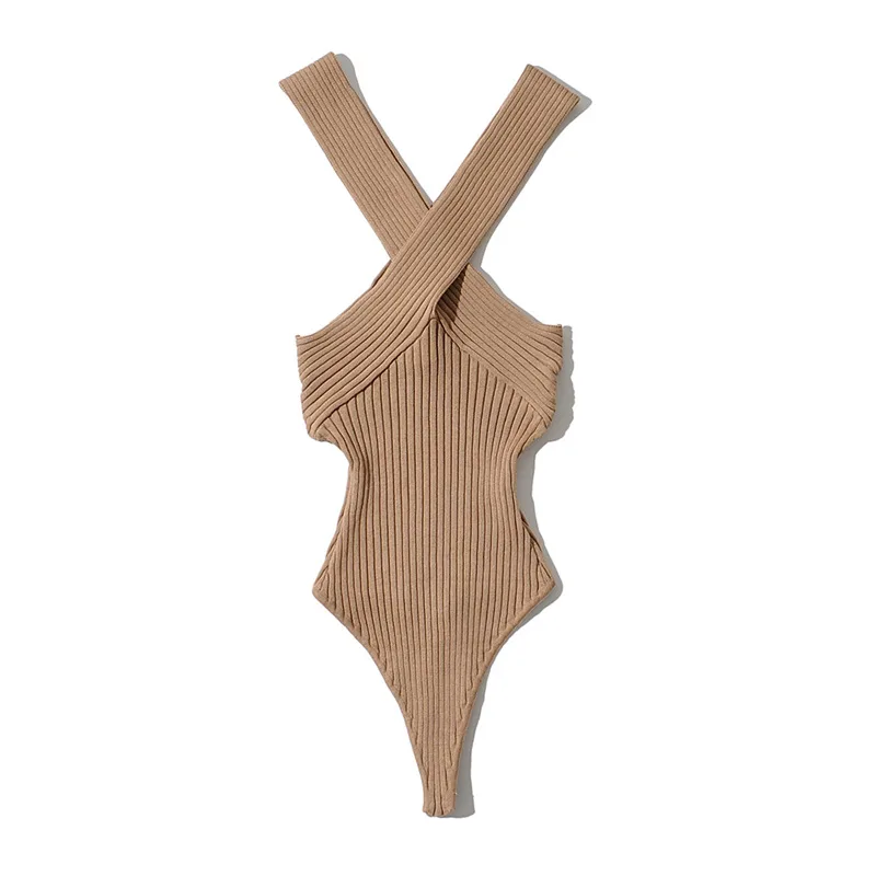 Cross Stretch Halterneck Knit Bottoming Bodysuit Khaki - Shop at LoveMi