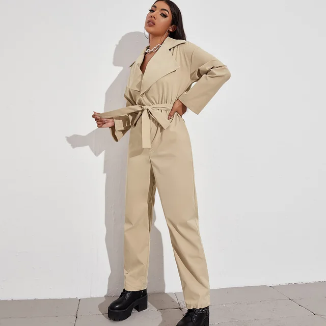 High waisted Slim Straight leg Lace up Jumpsuit Khaki - Shop at LoveMi