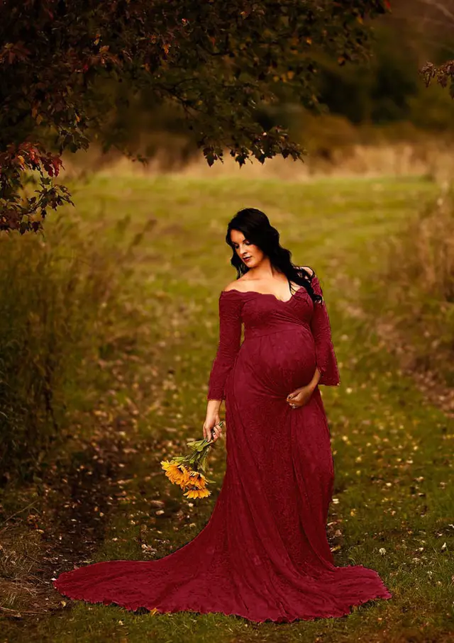 Lace Super Long Tail Fluttering One piece Dress For Pregnant Women Wine Red - Shop at LoveMi