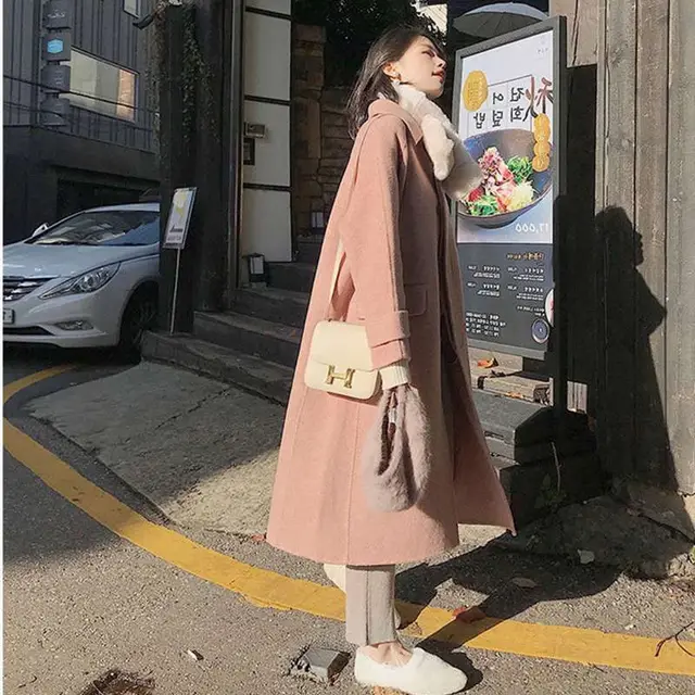 Double sided Cashmere Woolen Coat Mid length Over The Knee Warm Honey Powder - Shop at LoveMi