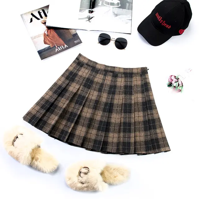 College Style High Waist Small Skirt Plaid Skirt Khaki - Shop at LoveMi
