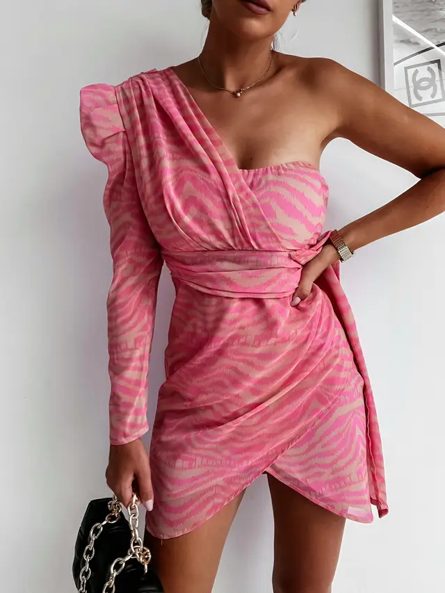Long Sleeve Off shoulder Strap Print Bag Hip Dress Pink - Shop at LoveMi