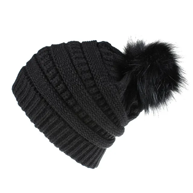 Faux Fur Fox Fur Ball Hat Knitted Casual Fashion Black - Shop at LoveMi