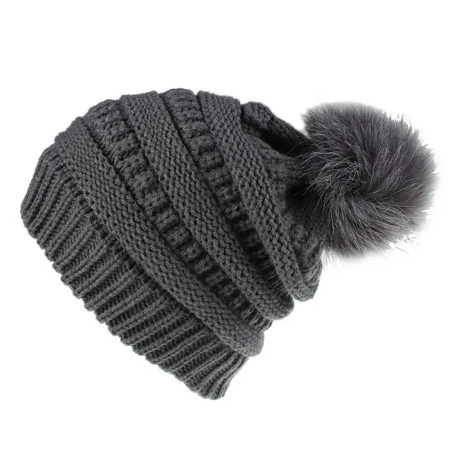 Faux Fur Fox Fur Ball Hat Knitted Casual Fashion Dark Grey - Shop at LoveMi
