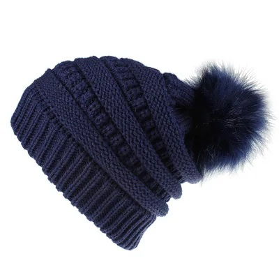 Faux Fur Fox Fur Ball Hat Knitted Casual Fashion Navy Blue - Shop at LoveMi