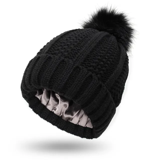 Winter Knitted Hats Fashion Stretchy Lined Skull Hats For Women Faux Fur Pom Pom Hat Keep Warming Beanie Hat Black - Shop at LoveMi