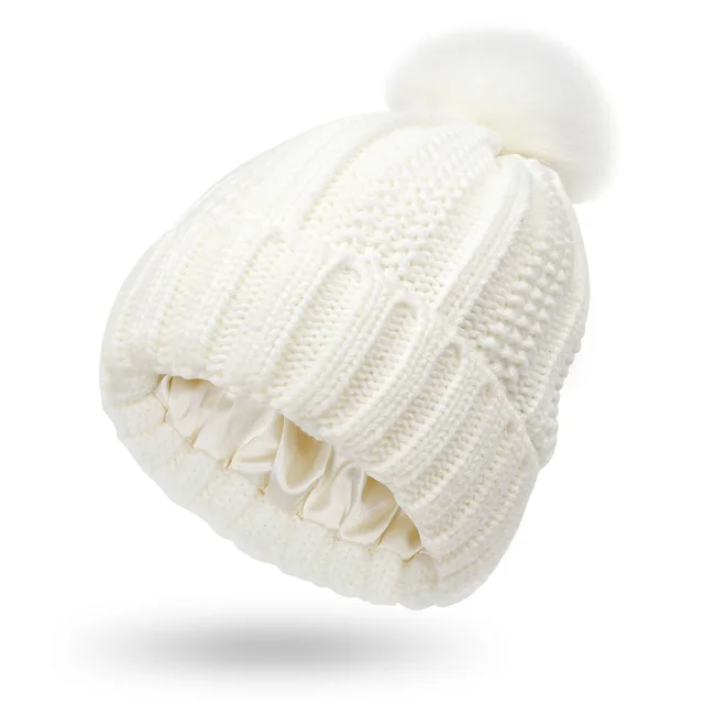 Winter Knitted Hats Fashion Stretchy Lined Skull Hats For Women Faux Fur Pom Pom Hat Keep Warming Beanie Hat White - Shop at LoveMi