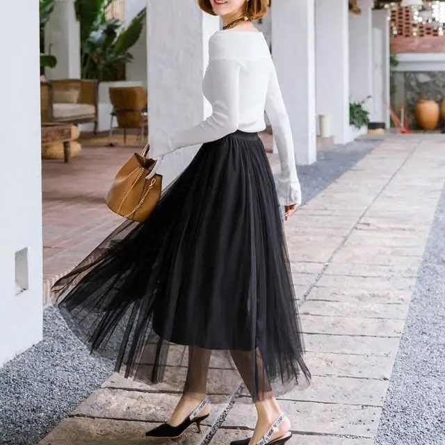 Net Yarn Half length New Large Swing Word Yarn Skirt Mid length Black - Shop at LoveMi