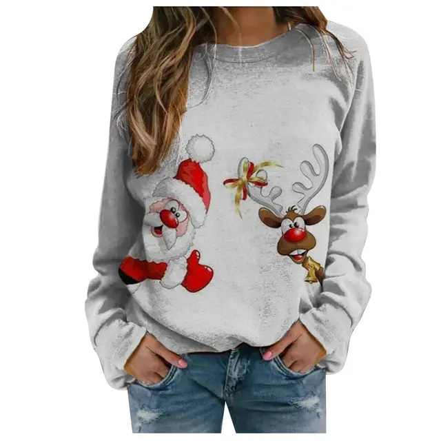 Women Loose Christmas Print Fleece Sweater Santa Claus - Shop at LoveMi