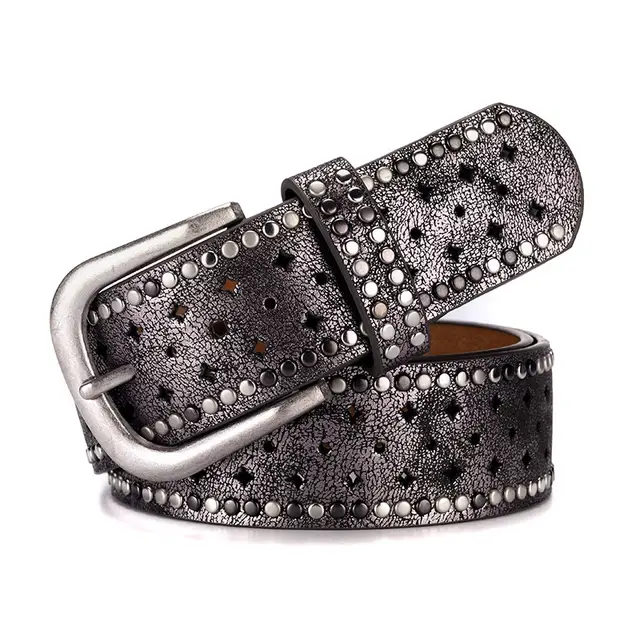 Rhinestone Rivet Alloy Pin Bucklea Fshion Casual With Jeans Belt Gun Black - Shop at LoveMi