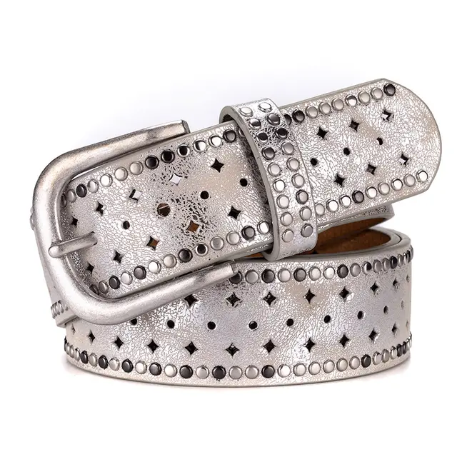 Rhinestone Rivet Alloy Pin Bucklea Fshion Casual With Jeans Belt Silver - Shop at LoveMi