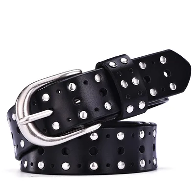 Women's Real Cowhide Trousers Belt With Punk Rivets European And American Style Black - Shop at LoveMi