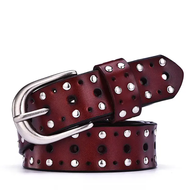 Women's Real Cowhide Trousers Belt With Punk Rivets European And American Style Red Brown - Shop at LoveMi