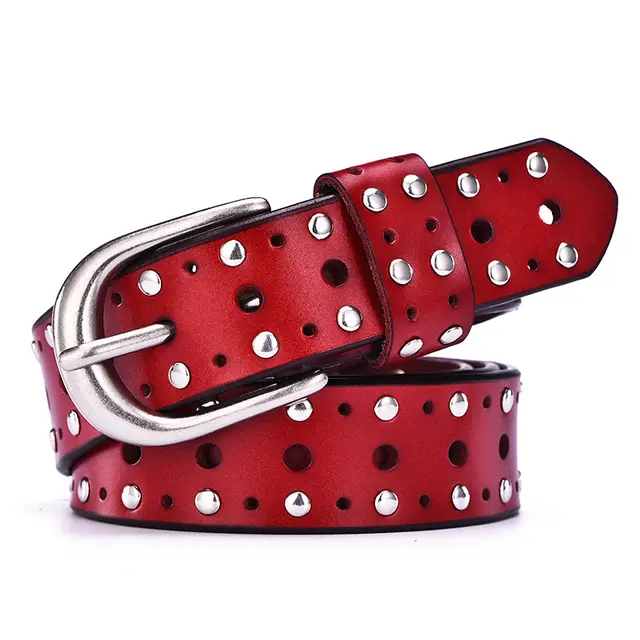 Women's Real Cowhide Trousers Belt With Punk Rivets European And American Style Red - Shop at LoveMi