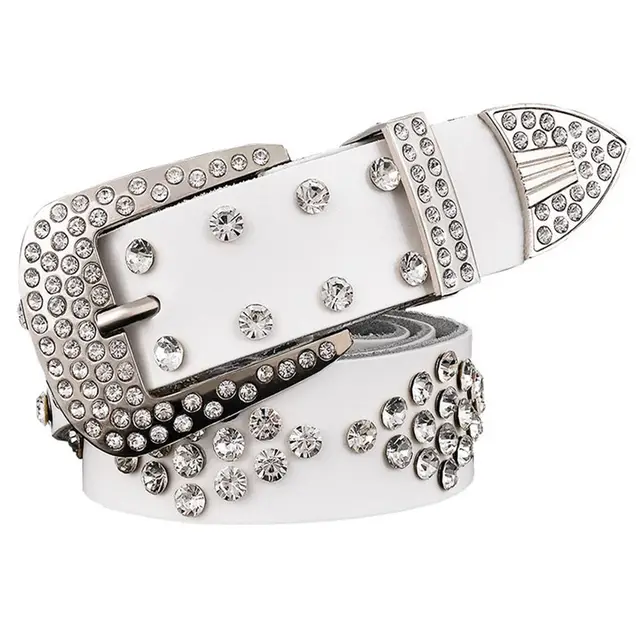 Leather Diamond Box Inlaid With Rhinestones Foreign Trade Ladies Pin Buckle Diamond Belt White - Shop at LoveMi