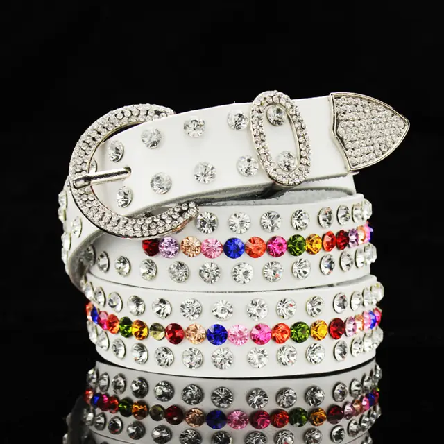 Women's Leather Belt Embellished With Rhinestones No. 2Fancy Color Diamond Whi - Shop at LoveMi