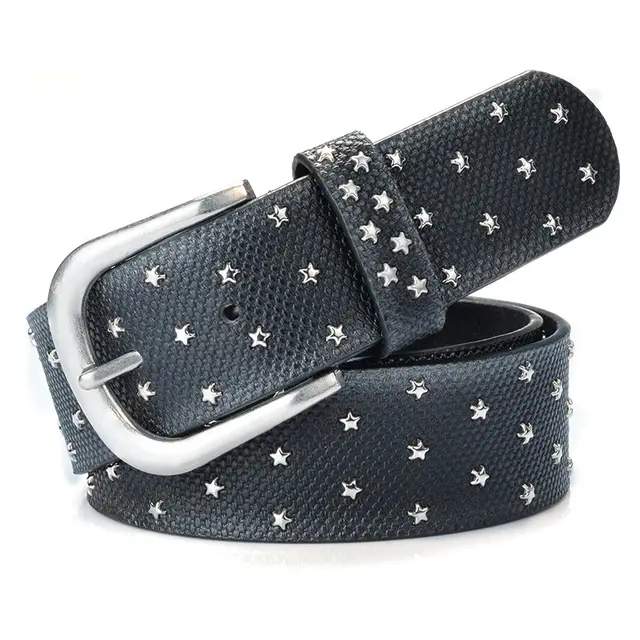 Alloy pin buckle metal rivet inlaid Korean fashion retro belt Black - Shop at LoveMi