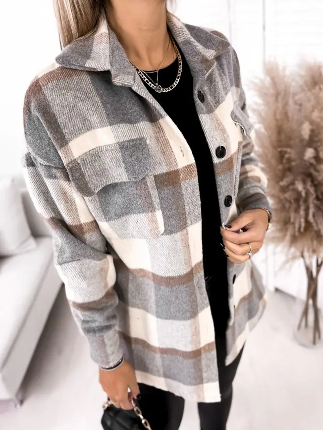Long sleeved Single breasted Plaid Print Shirt Collar Woolen Jacket Apricot - Shop at LoveMi