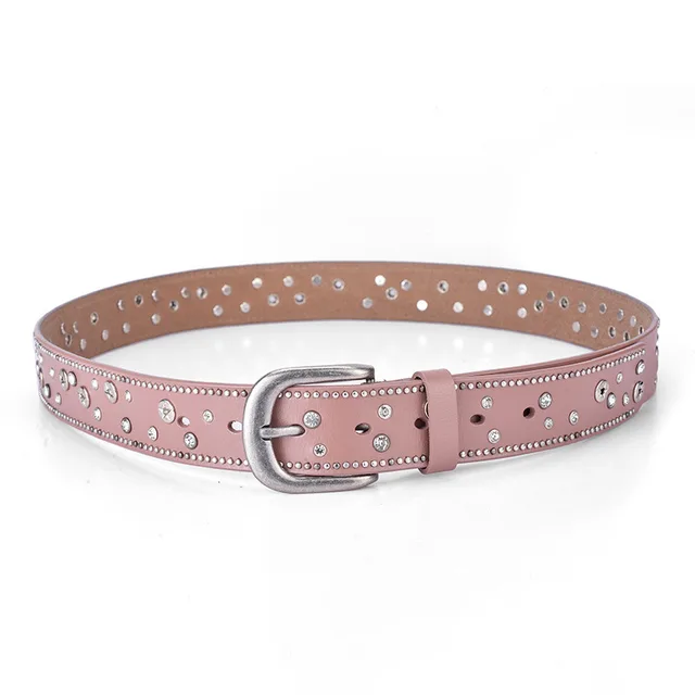 Fashion Trend Ladies Leather Rivet Rhinestone Inlaid Pin Buckle Belt Pink - Shop at LoveMi