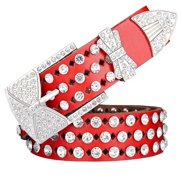 Women's Leather Hollow Leather Belt With Rhinestones And Butterfly Pin Buckle Red - Shop at LoveMi
