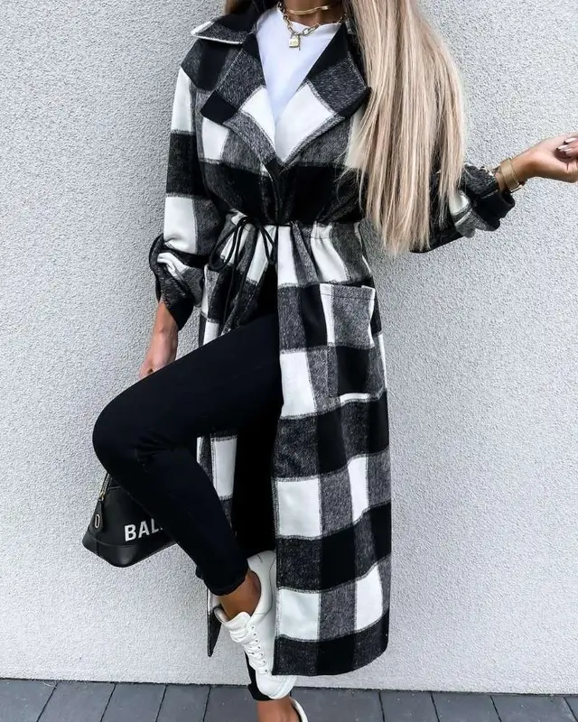 Autumn And Winter Long sleeved Button Lapel Warmth Solid Color Long Woolen Coat Plaid - Shop at LoveMi