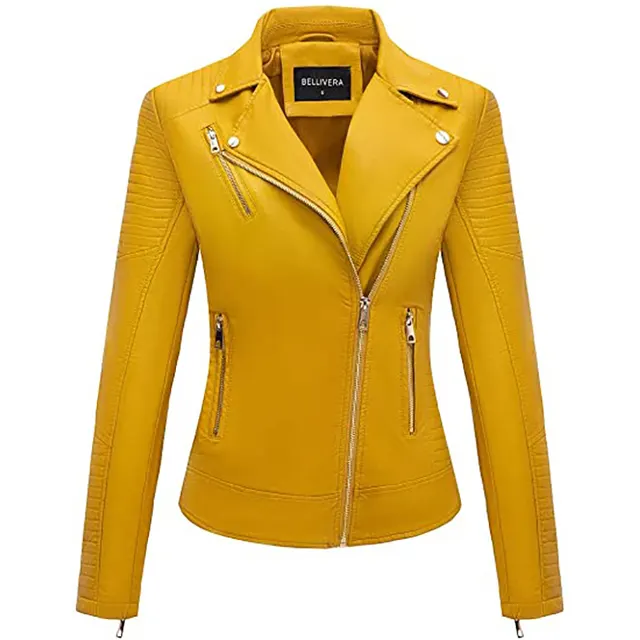 Giolshon Autumn Flowers Embroidery PU Leather Jacket Women Yellow - Shop at LoveMi