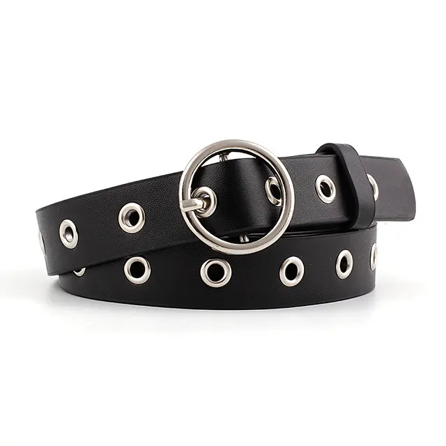 Hollow Eyelet Belt, Ladies Fashion Round Buckle Decoration Black Silver Buckle - Shop at LoveMi