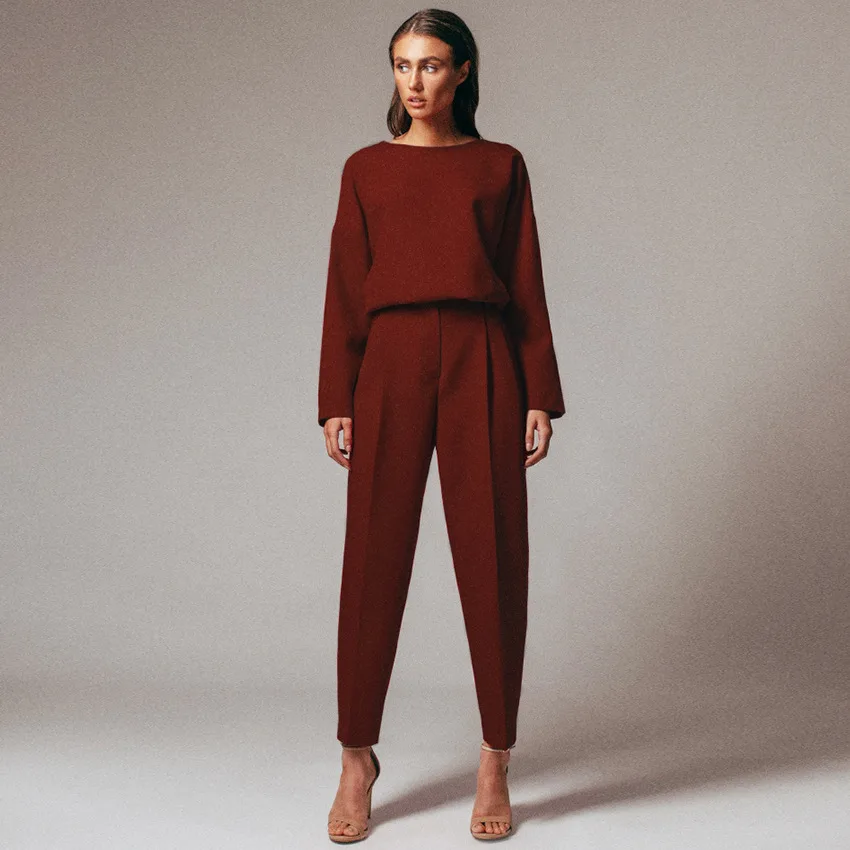 Professional Solid Color Round Neck Bottoming Shirt Women's Clothing Red Set - Shop at LoveMi