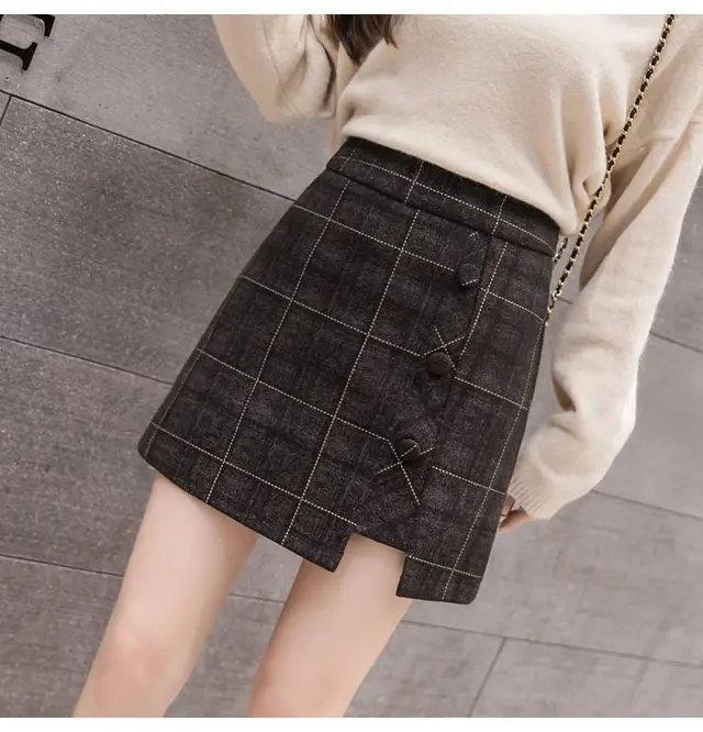 Plaid Skirt Women Irregular Woolen Short Skirt Black - Shop at LoveMi
