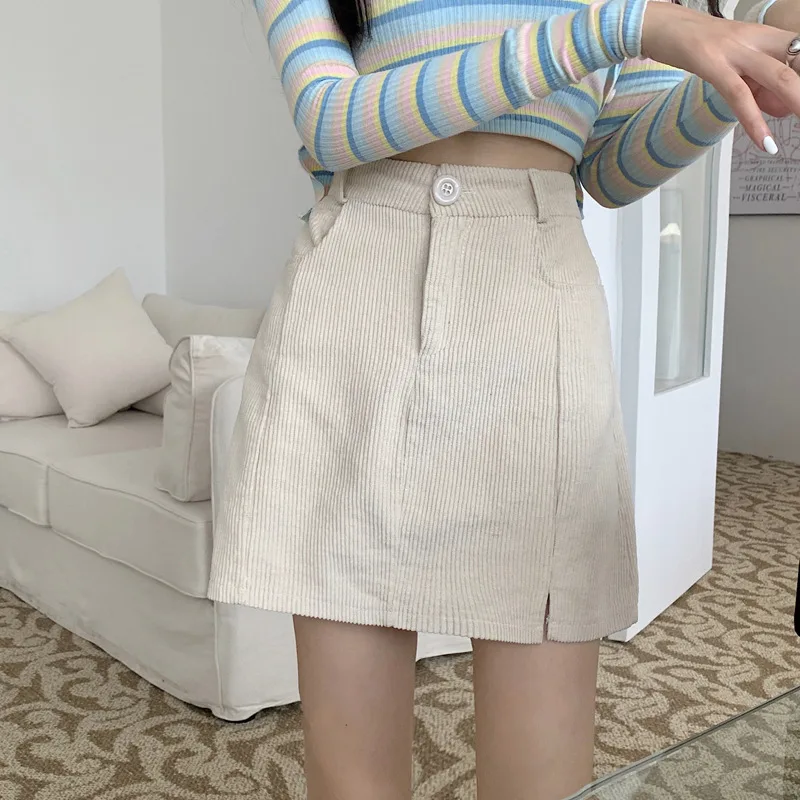 Ladies Retro Corduroy High Waist Slimming Short Skirt - Apricot