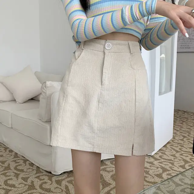 Ladies Retro Corduroy High Waist Slimming Short Skirt Apricot - Shop at LoveMi
