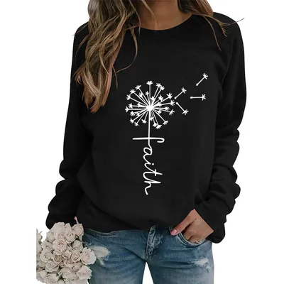Women's Top Dandelion Print Round Neck Long sleeved Loose Sweater Women Black - Shop at LoveMi