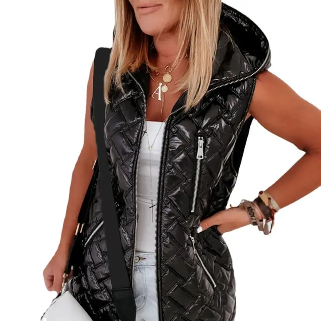 Women's Solid Color Hooded Sleeveless Pocket Zipper Vest Black - Shop at LoveMi