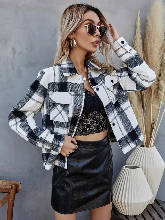 Single breasted Woolen Plaid Short Coat Women Black And White Grid - Shop at LoveMi