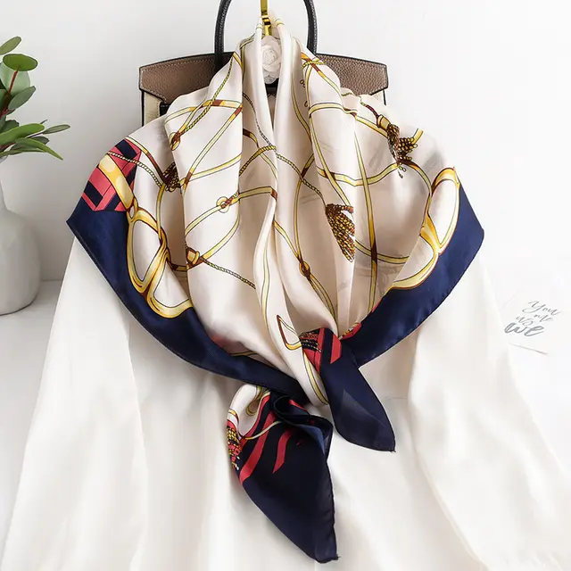 Women's Spring And Autumn Imitation Silk Chain Square Scarf Fashion Navy Blue - Shop at LoveMi