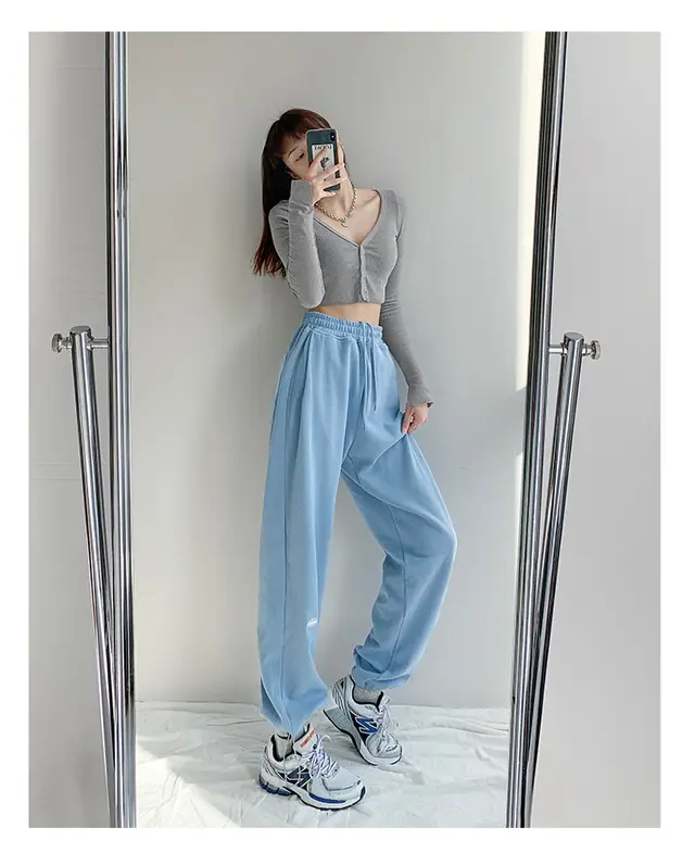 Letter Loose Drawstring Grey Drawstring Pants Blue - Shop at LoveMi