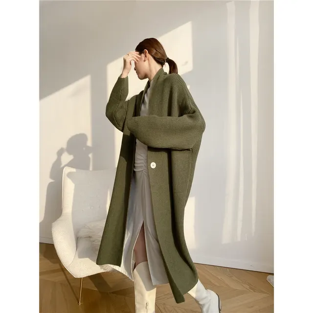 Temperament Type Mid length Cardigan Sweater Coat Women Autumn And Winter Army Green - Shop at LoveMi