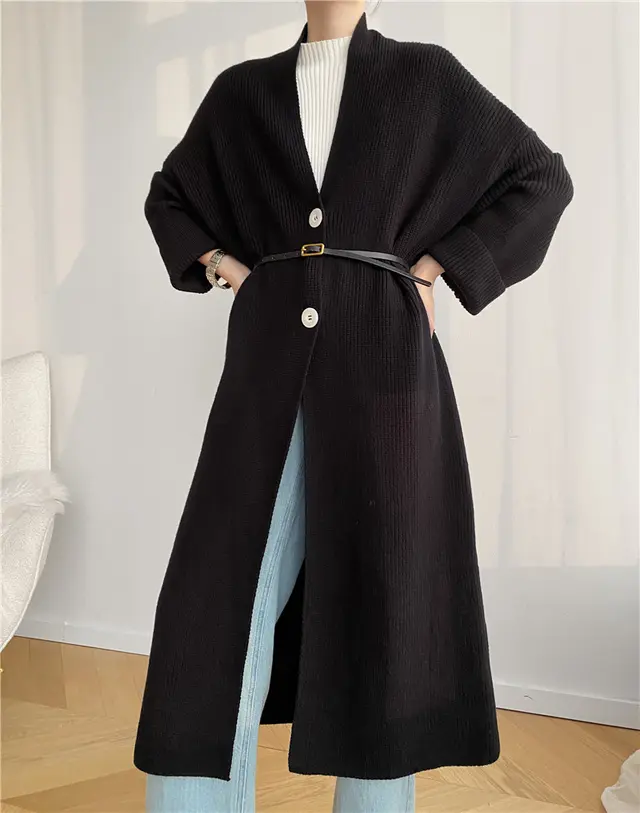 Temperament Type Mid length Cardigan Sweater Coat Women Autumn And Winter Black - Shop at LoveMi
