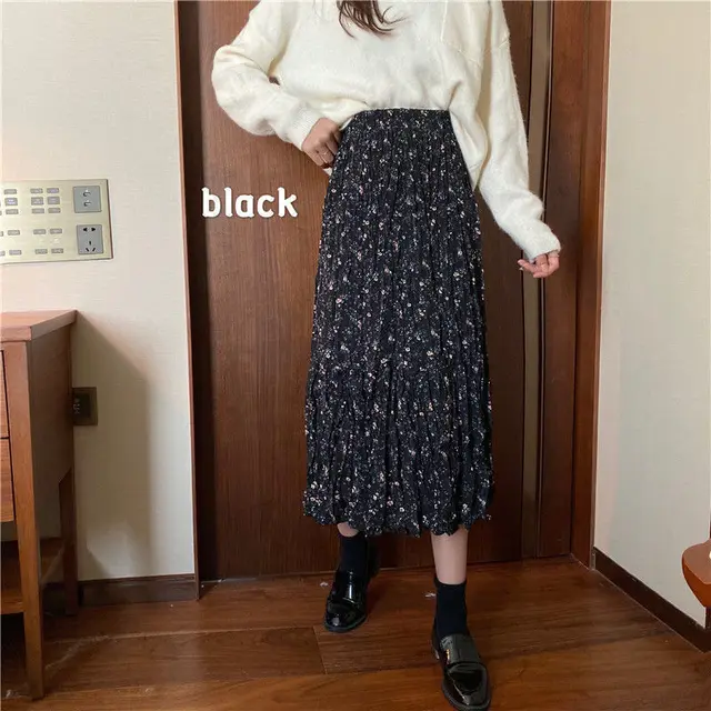 Skirt Women Summer New Irregular Korean Style Pleated Floral Skirt Black - Shop at LoveMi